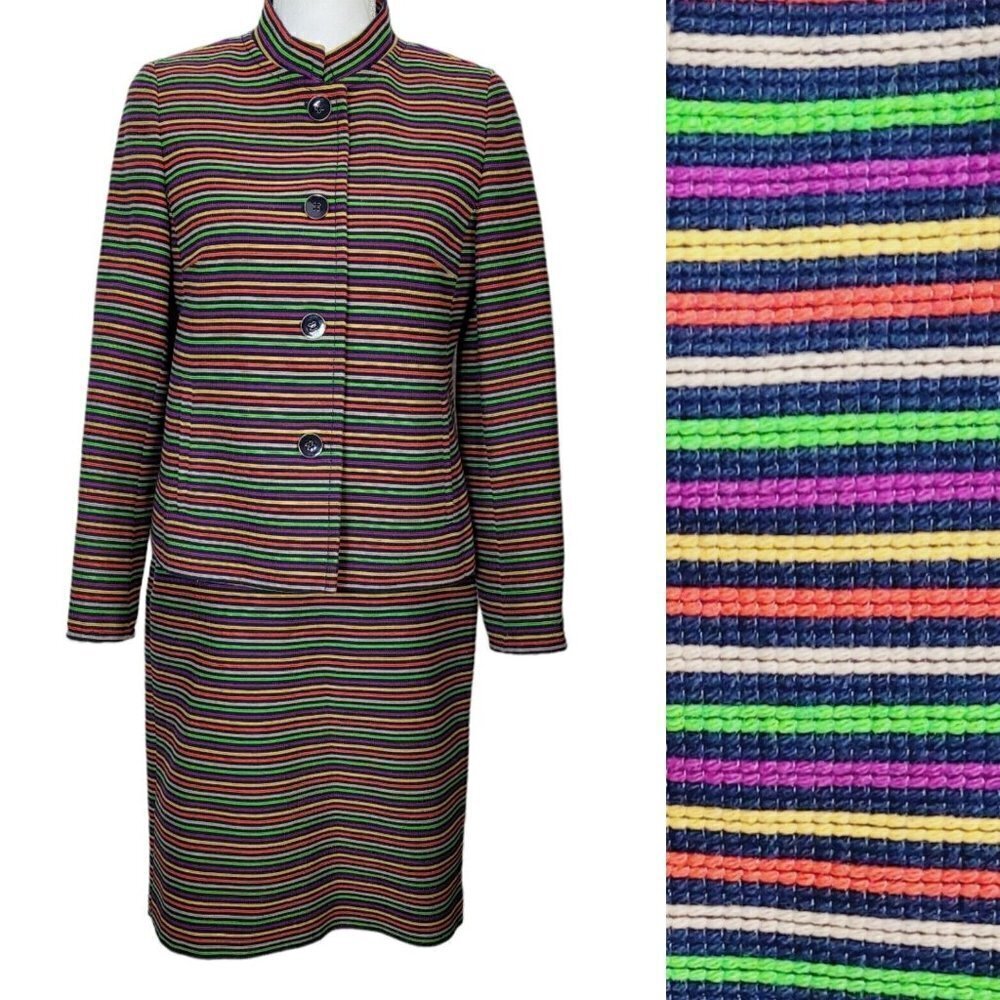 Talbots Petites 2 Piece Pencil Skirt Suit Set Sz 4P Rainbow Striped Fun Career